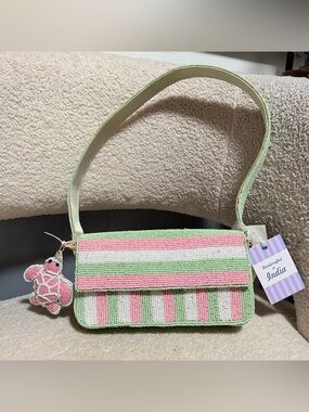 Handmade India Beaded Shoulder Bag Pink Green Stripe Turtle Charm Purse